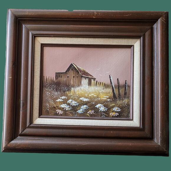 Vintage Pastoral Landscape Painting with Mauve Sky, Made in Mexico - Picture 1 of 8